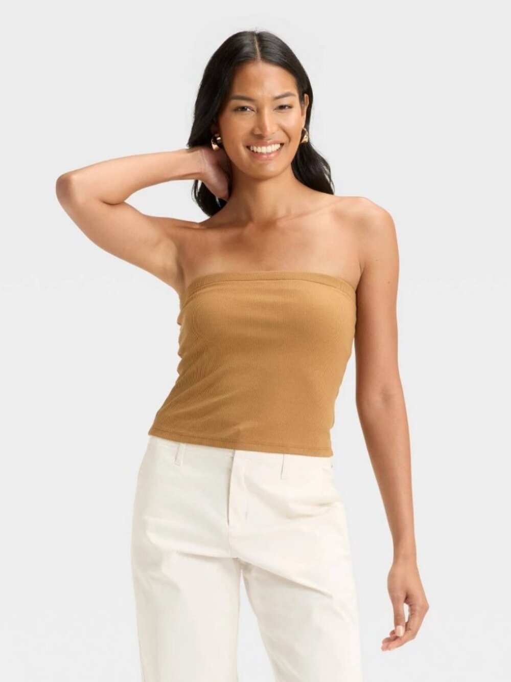 A New Day Women Brown Ribbed Tube Top Strapless Tank Pullover Stretch‎ Size M